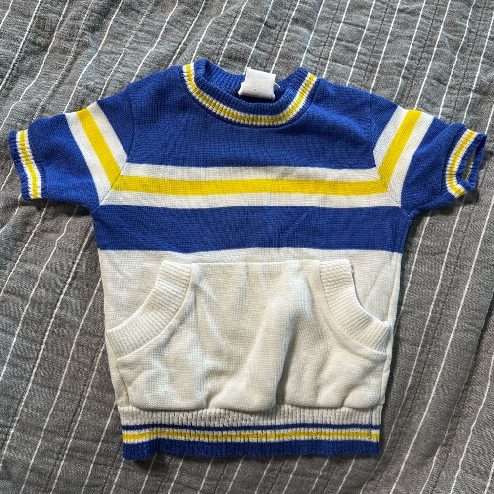 Vintage 80s Bull Frog Knit Blue and Yellow Striped Short Sleeve Knitted Top